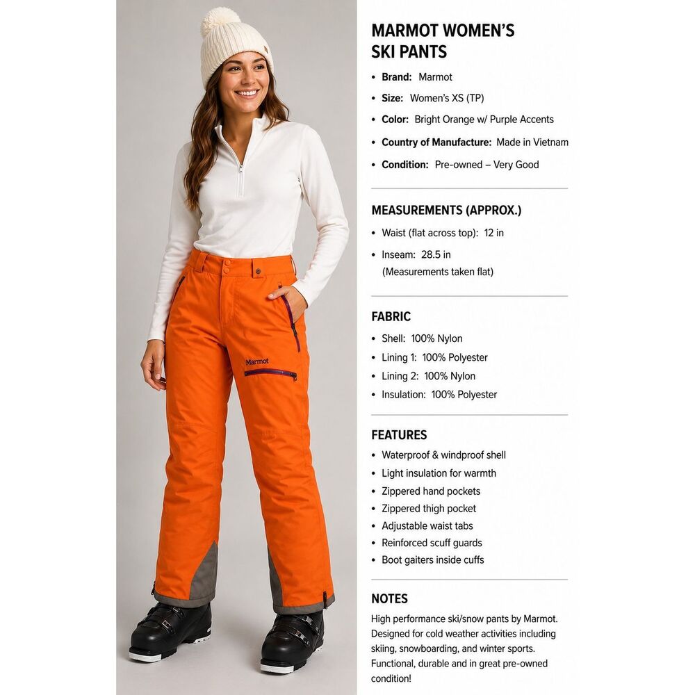 Marmot Womens XS Orange Waterproof Insulated Ski Snow Pants